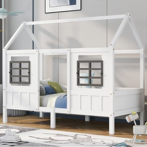 Kinder Hausbett 90x200 cm mit 2 Fenstern, Massivholz und MDF, weiß, mit Rundumschutz und Lattenrost (1/5)