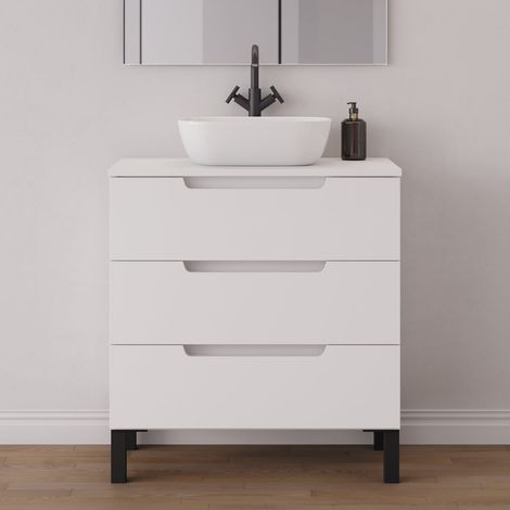 Meuble de salle de bain 70cm avec plateau et vasque à poser arrondie - sans miroir - 3 tiroirs - blanc mat - RIZA (1/5)