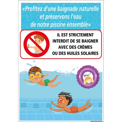 Panneau piscine baignade naturelle préservons l'eau. Interdiction de baignade avec crèmes et huiles de bain (SH0523) - Adhésif - 210 x 300 mm (1/5)