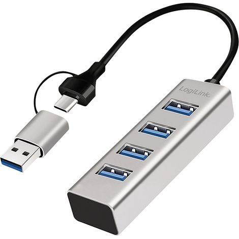 LogiLink USB 3.0 Splitter 4x USB-A mit 2-in-1 USB-A/USB-C 5-Gbit/s-Kabel Silber (1/4)