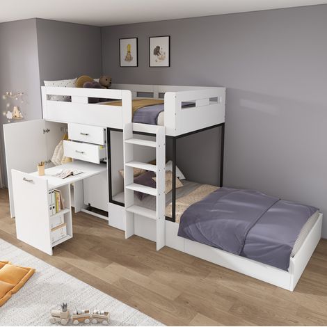 Letto a castello in MDF bianco e nero 90x200 cm con scrivania estraibile, armadio, cassetti e rete inclusa (1/5)
