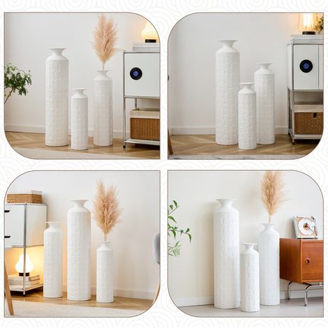 Set mit 3 Bodenvasen 50/65/85 cm aus weißem Metall mit Strukturdekor – MEUBLIV (1/5)