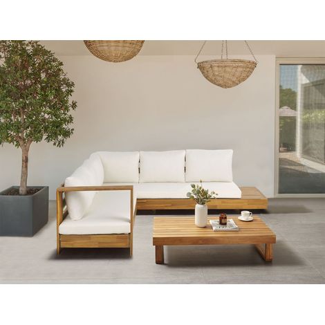 Conjunto de jardín con sofá y mesa de centro cojines madera de acacia certificada blanco derecho Marettimo (1/5)