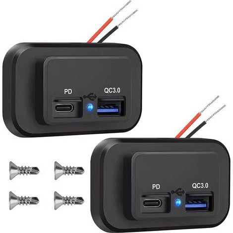 Lot de 2 prises USB 12 V, chargeur USB double Quick Charge 3.0 12 V et chargeur USB Type-C (PD), adaptateur secteur étanche 12 V/24 V pour voiture (1/5)