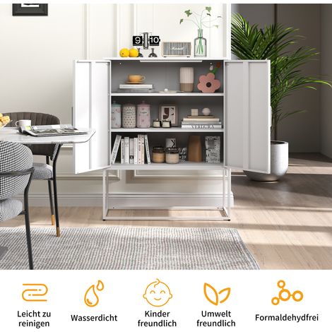 Buffet/meuble de rangement en métal avec 2 étagères, meuble autoportant en acier, portes magnétiques, dispositif anti-basculement, convient pour le salon, la cuisine ou le bureau, blanc, H 109 cm × L (1/5)