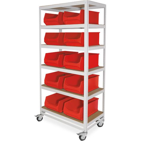 BRB Etagenwagen mit 6 Ebenen, BxTxH 900x500x1905 mm, 4 Lenkrollen, 2 mit Feststellbremse, lichtgrau, bestückt mit 10 bunten Sichtboxen LB2, BxTxH 300x500x200 mm (Rot)