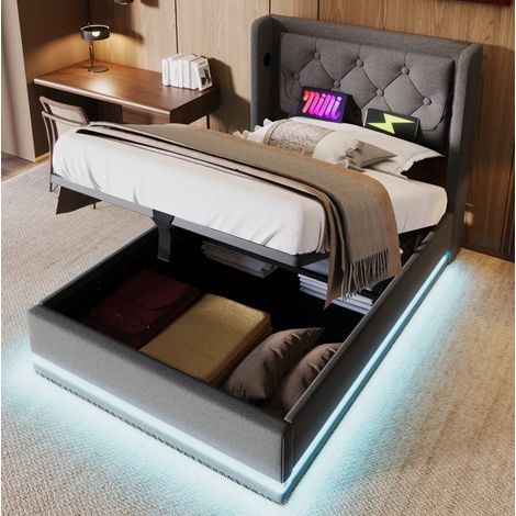 Letto singolo classico 90x200 cm grigio in cotone, con testiera imbottita trapuntata, vano contenitore idraulico, LED e USB-C (1/5)