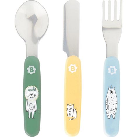 Couverts métal, 3 couverts, Fourchette, couteau et cuillère, en acier inoxydable, 12m+ (1/5)