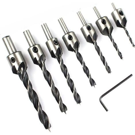 Jeu de 7 forets à fraiser à 5 goujures HSS pour le chanfreinage du bois, 3 à 10 mm, clé