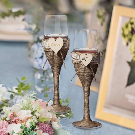 Verres à vin hauts, verres à vin de banquet, gobelets à boissons avec corde de chanvre et dentelle blanche (1/5)