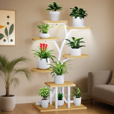 Support pour plantes d'intérieur avec éclairage horticole, structure à 7 niveaux en métal et bois (110 cm de hauteur) – Idéal pour les jardins d'intérieur et les balcons (1/5)