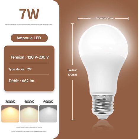 Ampoule LED à spectre complet et faible empreinte carbone, culot E27, 3 W - 9 W, température de couleur réglable, pour un éclairage domestique écoénergétique et respectueux des yeux-7W