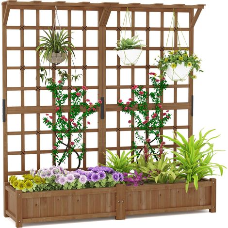COSTWAY Fioriera In Legno Per Esterni Con Traliccio,Letto Da Giardino Elevato Con Tralicci E Scatola Per Piante,Letto Da Giardino Elevato Per Piante Rampicant (1/5)