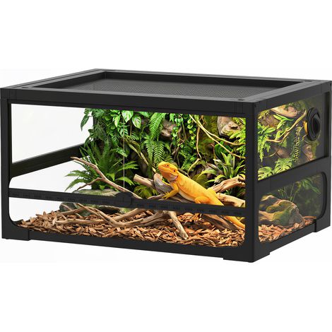 Terrarium reptiles pliable 60 x 45 x 32 cm, vue 360°, noir, serrure, porte alimentation, verre trempé, lézards araignées
