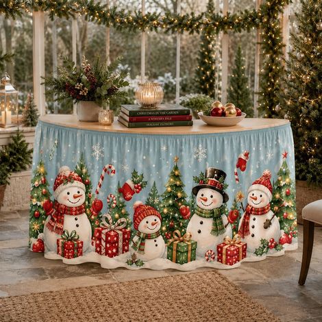 Nappe de Noël style 2026 pour décorations de fête de famille - Tissu décoratif en polyester imprimé bonhomme de neige et sapin de Noël - 180 x 75 cm - 24