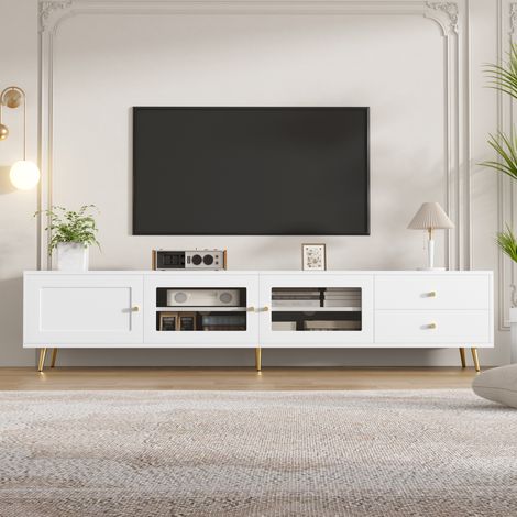 Meuble TV bas 170x40x28 cm, 2 tiroirs, 2 portes vitrées, 1 porte pleine, étagères réglables, poignées dorées, Panneau de particules, blanc (1/5)