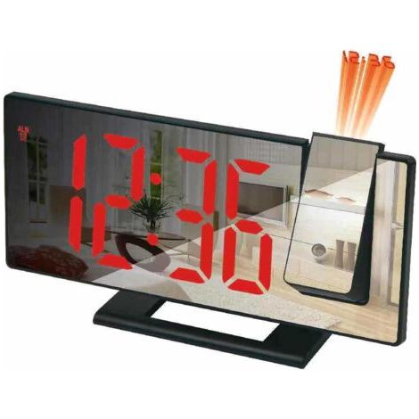 (boîtier noir avec texte rouge) Réveil projecteur, réveil à projection 180°, horloge numérique avec écran miroir LED, port USB, répétition, 4 niveaux de luminosité, 12/24 heures,18.54.29.5cm (1/4)