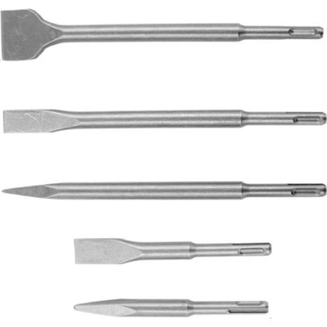 Kit de 5 forets à perforer pour marteau électrique : burins pointus, plats et robustes, à tige ronde. (1/5)