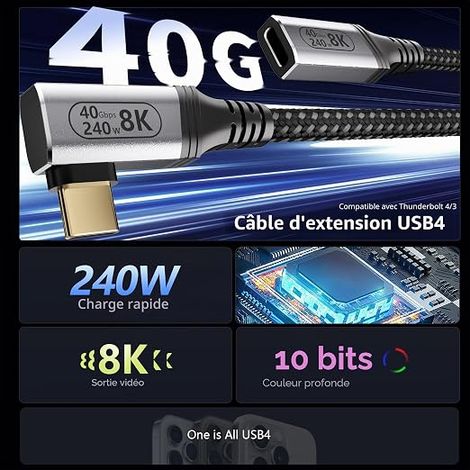 2M Rallonge USB-C Coudée,Rallonge USB C 90 Degré Mâle et Femelle 40Gbps 4/3,Câble d'extension USB de Type C 240W/5A,8K@60Hz/4K@120Hz Pour Monitor/Hub/Docking/SSD/eGpu. (1/4)