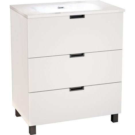 Meuble de salle de bain, Verre Bois Céramique, Blanc, 70 cm (1/5)