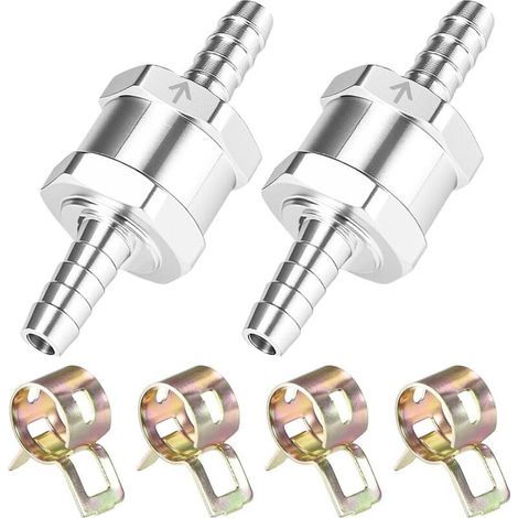 Clapet anti-retour de carburant en aluminium 6 mm (lot de 2), 4 colliers de serrage, pour systèmes de tuyaux de carburant basse pression, chromé, pour huile et eau, essence, automobile, bar (1/4)