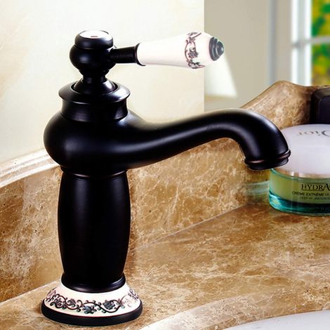 Robinet mitigeur en laiton antique, style vintage, en porcelaine, robinet monomando pour salle de bain, cuisine, couleur noire (1/5)