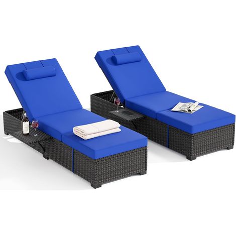 Lot de 2 chaises longues rotin marron, coussin bleu, 5 positions (1/5)