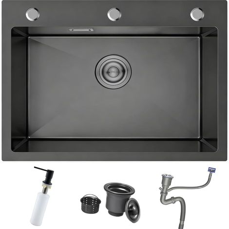 60 x 45 cm Évier de Cuisine Noir 1 Bac, Petit Évier de Cuisine En Acier Inoxydable avec 3 Trous Pour Robinet et Trop-Plein, Siphon, Distributeur de Savon (1/5)