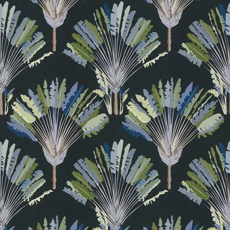 Papier peint original noir bleu & vert motif plumes Tapisserie moderne design palmier pour couloir Papier peint tendance bleu & vert intissé (1/4)