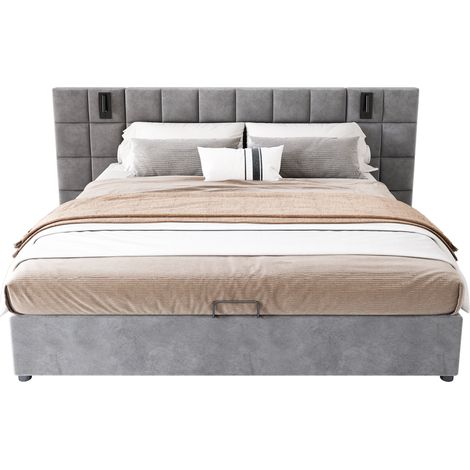 Lit capitonné hydraulique 180x200 cm, lampe orientable USB, tête large rembourrée, motif damier, cadre acier, sans table de nuit, velours gris (1/5)