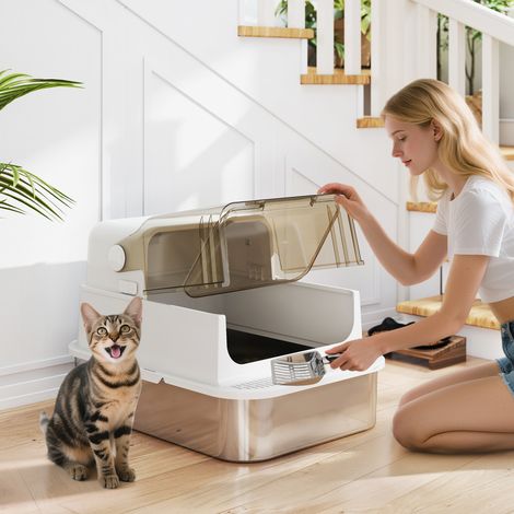Bac à litière pour chat fermé en acier inoxydable. maison de toilette pour chat avec pelle. 70 x 50 x 46.5 cm. blanc