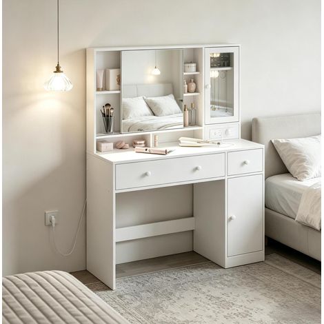 Coiffeuse en bois et verre blanche avec miroir LED réglable, tiroirs et grand rangement (1/5)