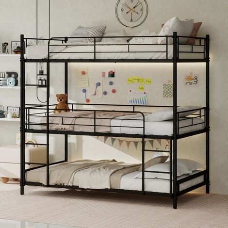 Lit Superposé Triple 90x190cm - Lit enfant en Métal - Structure Robuste avec Échelles Intégrées et Barrières de Sécurité - Noir (1/5)