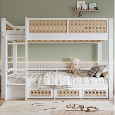 Cama litera infantil blanco+natural 90x200 cm de madera maciza y MDF, con 3 cajones, escalera y barandillas de seguridad (1/5)