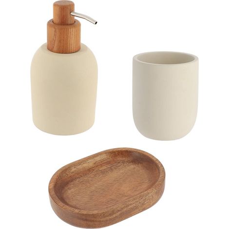 Set gobelet distributeur a savon et porte savon polyresine ciment et acacia arrondi - beige - Tendance (1/2)