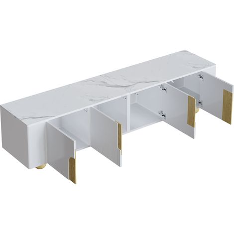 Meuble TV blanc 180 cm, 4 portes, design élégant, surface effet marbre, pieds en bois sphériques (1/5)