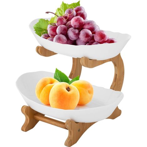 Obstschale Obstserviertablett - brotkorb Bambusholzrahmen, 2 lebensmittelechte PP-Schalen - Frisch und funktional - Kategorisieren und präsentieren von Obst (Weiß) (1/5)