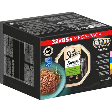 Cibo umido per gatti Sheba Mega Pack per pollame e pesce, confezione da 32 vaschette da 85 g (1/4)