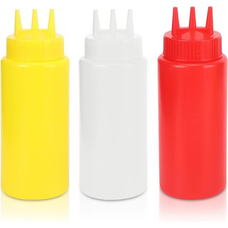 3Pcs Bouteille de Compression de Condiments à 3 Trous, Capacité 16 oz 7x20cm / 2,8x7,9 po (D x H) Bouteilles de Sauce Compressibles Vides Distributeur de Condiments avec des Couvercles (1/5)