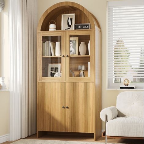 Credenza 78x40x176 cm naturale in pannello di particelle con ante in vetro, design ad arco e vani separati (1/5)