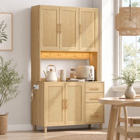 Madia da cucina 183 cm con LED App, 2 USB, 2 prese, 3 cassetti, MDF naturale HAVRYA (1/5)