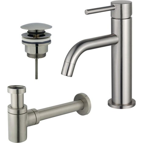 Fortifura Calvi Slim Kit mitigeur lavabo - robinet bas - bonde clic clac - siphon design bas - PVD Inox brossé (1/2)