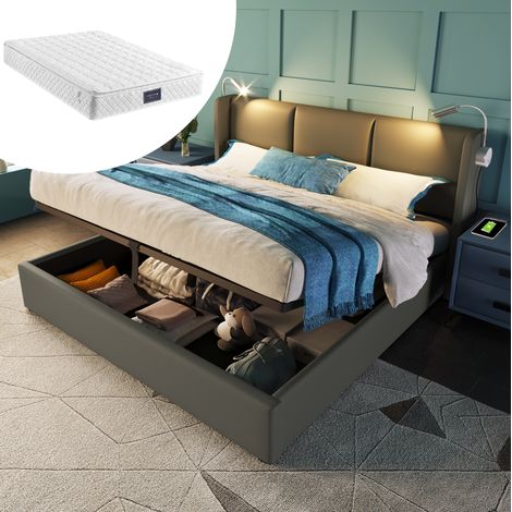 MEUBLIV Lit double rembourré avec coffre de rangement lampe de lecture et port USB 140 x 200 cm gris avec sommier à lattes et matelas à ressorts ensachés (1/4)