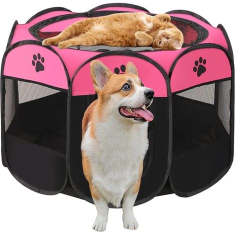 Parc portable pour chiot - 91 x 91 x 58 cm - Pliable - Enclos pour chat - Pour appartement - Enclos pour chiot - Pour l'intérieur - Tissu Oxford imperméable pour chien, chat, lapin (rose) (1/5)