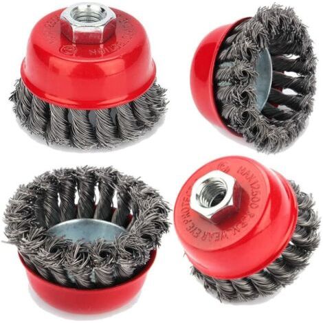 BUNTHAUS Brosse de nettoyage métallique, 4pcs brosse à treillis métallique M14 torsadé 75 mm pour meuleuse d'angle brosse coupe, dérouillage corrosion détournant la peinture (1/2)