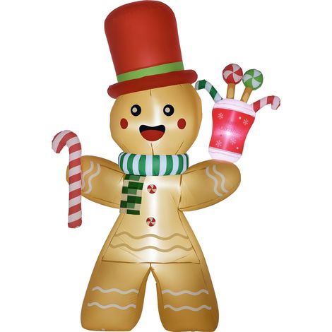 HOMCOM Weihnachts Aufblasbarer Lebkuchenmann 2,35 m Weihnachtsdekoration mit LED-Lichtern und Zuckerstange Weihnachten Gärten Dekoration automatisches Aufblasen Wassderdicht Polyester Orange (1/5)