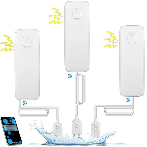Kit de détection de fuite d'eau sans fil 3 pièces, alarme de capteur d'eau 80 dB, alarme de fuite, application TUYA, surveillance à distance gratuite des fuites d'eau, notification par SMS et téléphon