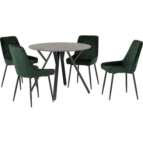 Athens Round Dining Set with Avery Chairs - Concrete Effect/Black/Emerald Green Velvet (1/5)