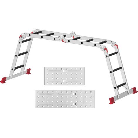 Échelle Multifonction, Aluminium Échelle Pliante 4x3 Marches, 3.4m Échelle Polyvalente Jusqu'à 150 kg, 7-en-1 avec 2 Plateaux de Travail, pour Grenier, Maison, Bricolage Léger (1/5)