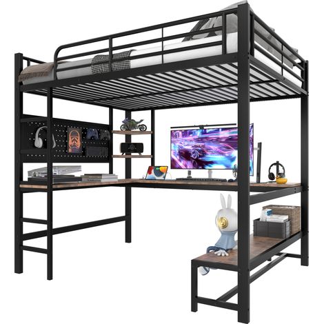 Cama alta 140 x 200 cm con escritorio, estanterías, barandilla y escalera, estructura de metal y panel MDF, LED, USB-C, en negro, ideal para estudio  CHICFURN (1/5)